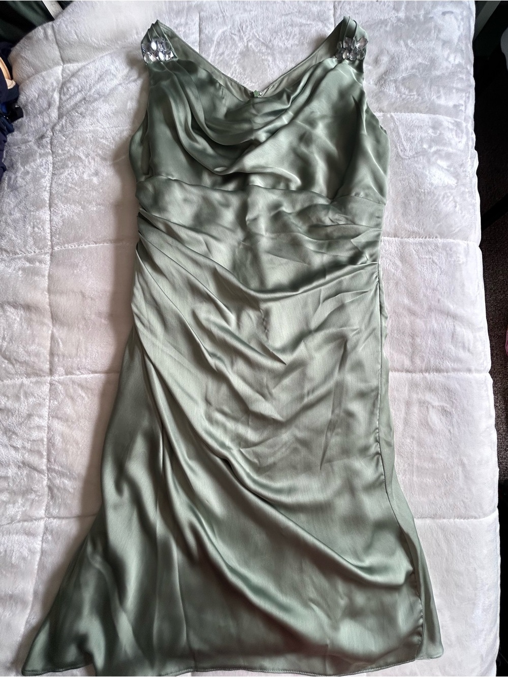 Jasmine Black Label Sage Green Satin Evening Dress with Embellished Straps